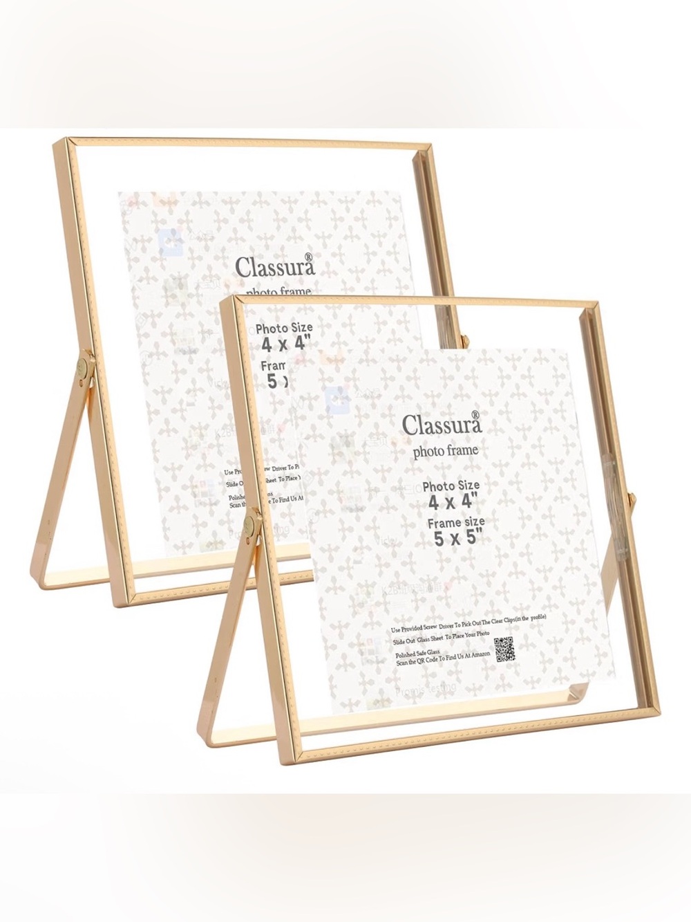 Gold Met Floating Picture Frame Set of 2 | 5x5 Square Glass Frames
